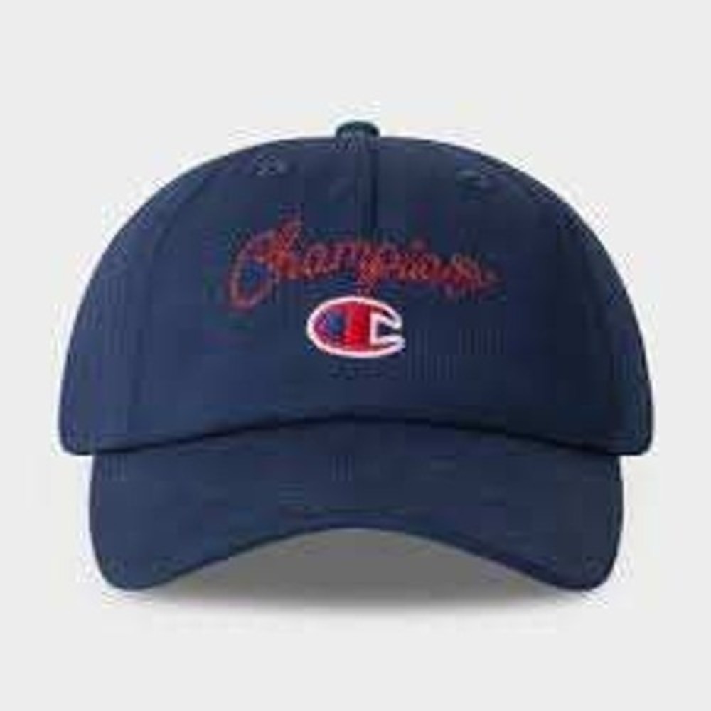 Champion Mens Navy Blue Script Logo Adjustable Baseball Cap Hat Cotton Twill